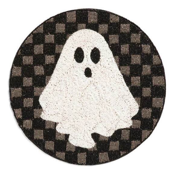 Tahari Checkered Halloween Ghost 14" Beaded Placemat Charger NEW - Picture 1 of 8